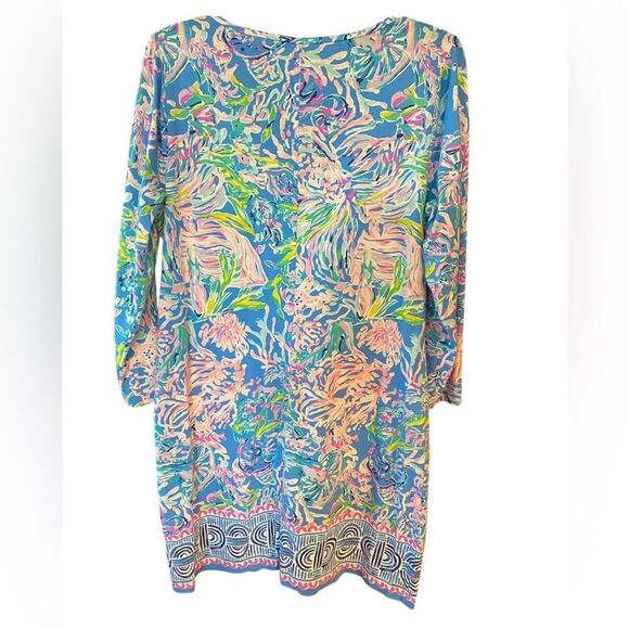 Lilly Pulitzer Sz L Classic Blue Pink Beacon Tropical Shift Long Sleeve Dress - Picture 2 of 8
